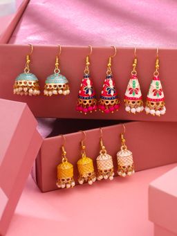 Yellow Chimes - Meenakari Jhumka Earrings- Combo Of 5 Pair