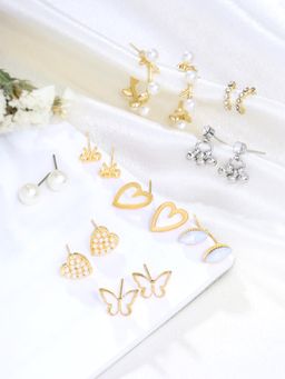 Yellow Chimes - Gold Pearls Studded Hoops- Combo Of 9 Pair