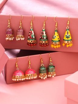 Yellow Chimes - Meenakari Jhumka Earrings- Combo Of 5 Pair