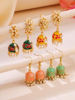 Yellow Chimes - Meenakari Jhumka Earrings- Combo Of 4 Pair
