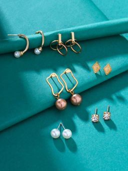 Yellow Chimes - Gold Pearls Studded Hoops- Combo Of 6 Pair