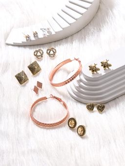 Yellow Chimes - Oxidised Gold Stud Hoop Earrings- Combo Of 9 Pair