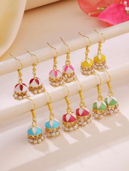 Yellow Chimes - Traditional Small Meenakari Jhumki Earrings Pack Of 6