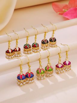 Yellow Chimes - Traditional Small Meenakari Jhumki Earrings- Combo Of 6 Pair