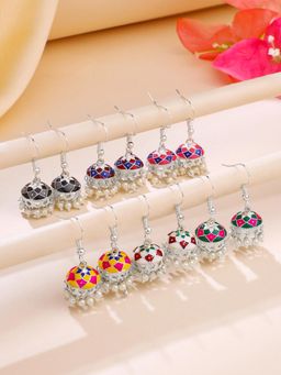 Yellow Chimes - Traditional Small Meenakari Jhumki Earrings- Combo Of 6 Pair