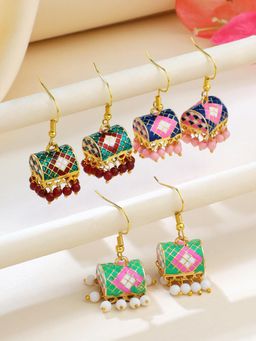 Yellow Chimes - Meenakari Jhumka Earrings for Women- Combo Of 3 Pair