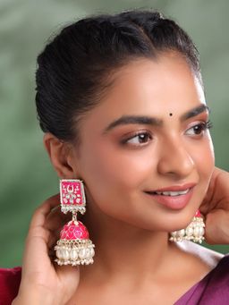 Yellow Chimes - Pink Meenakari Jhumka Earrings for Women