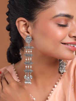 Yellow Chimes - White Silver Oxidised Long Dangler Earrings for Women