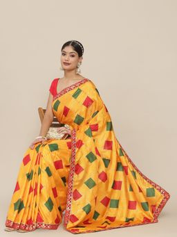 ISHIN - Womens Silk Blend Yellow Printed Lace Saree with Unstitched Blouse