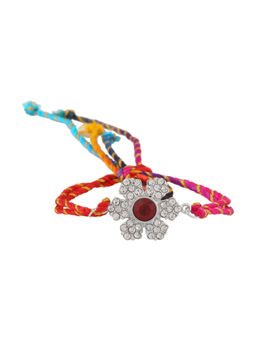 Estele - Rhodium Plated Holy Floral Designer Rakhi with Austrian Crystals & Silk Thread