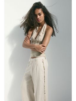 H&M - Women Beige Embellished Linen-Blend Trousers