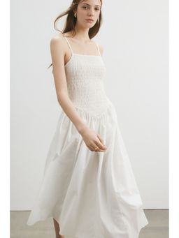 H&M - Women White Smocked Flared-Skirt Dress