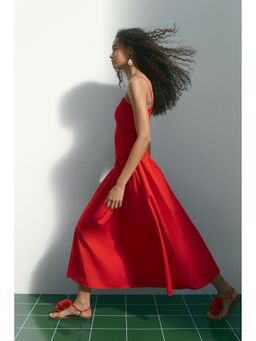 H&M - Women Red Smocked Flared-Skirt Dress