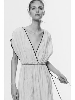 H&M - Women Beige Crinkled Tie-Detail Dress