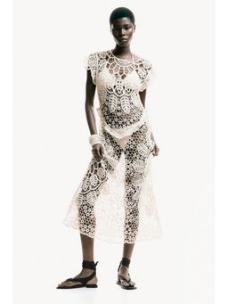 H&M - Women White Flutter-Sleeved Crochet-Look Dress