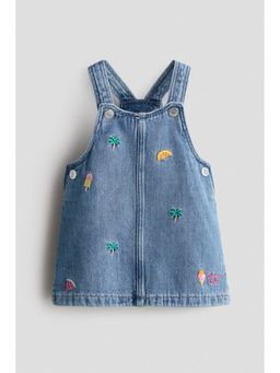 H&M - Girls Blue Embroidery-Detail Denim Dungaree Dress
