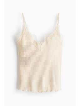 H&M - Women Beige Lace-Trimmed Pointelle-Knit Top
