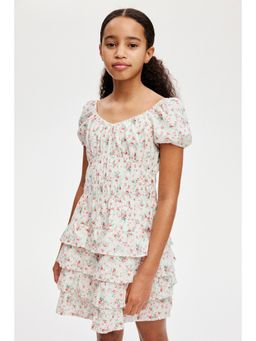 H&M - Girls White Puff-Sleeved Patterned Cotton Dress