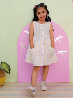 The Mom Store - Multi Color Striped Girls Dress with Patch Pockets