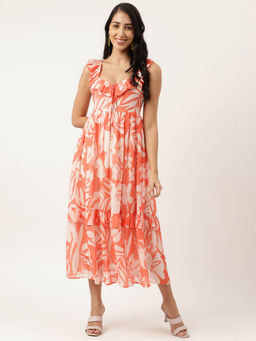 Masakali.Co - Womens Fit & Flare Sweetheart Orange Printed Georgette Midi Dress