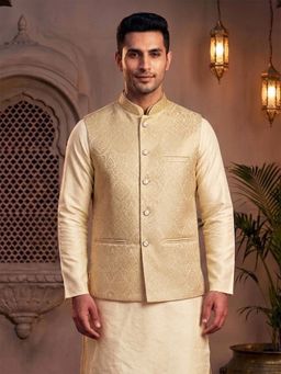 Treemoda - Light Golden Brocade Nehru Jacket with Golden Zari Work