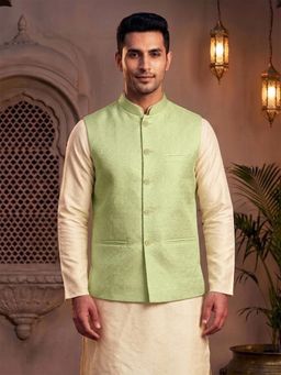 Treemoda - Mint Green Brocade Nehru Jacket with Golden Zari Work