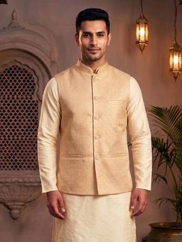 Treemoda - Beige Brocade Nehru Jacket with Golden Zari Work