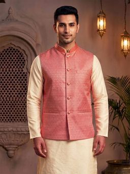 Treemoda - Pink Brocade Nehru Jacket with Golden Zari Work