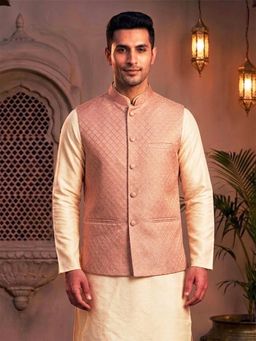 Treemoda - Pale Salmon Brocade Nehru Jacket with Golden Zari Work