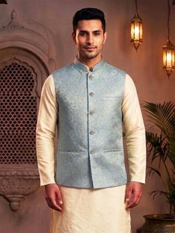 Treemoda - Sky Blue Brocade Nehru Jacket with Golden Zari Work
