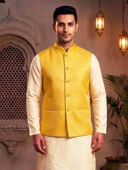 Treemoda - Yellow Brocade Nehru Jacket with Golden Zari Work