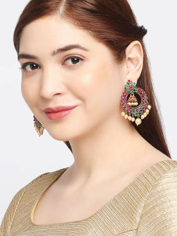 OOMPH - Red & Green Kemp Stone & Pearls Floral Design Large Jhumka Chandbali Earrings