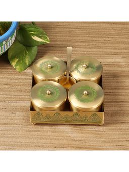 NAKSHIKATHAA - Dohar Brass Condiment Jars With Tray,Spoon Holder & Spoon (Green)
