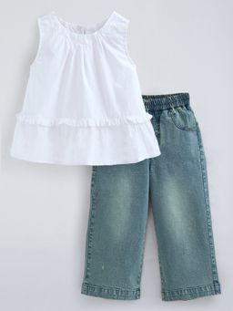 Hopscotch - Peplum Top And Denim Straight Jeans