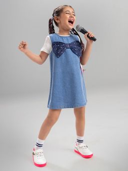 Hopscotch - Pearl Bow Applique A-Line Denim Dress