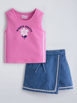 Hopscotch - Bow Applique Lace Cotton Denim Top And Skort