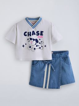 Hopscotch - Striped Bow Applique Cotton Denim T-Shirt And Short