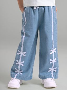 Hopscotch - Bow Applique Striped Cotton Denim Jeans