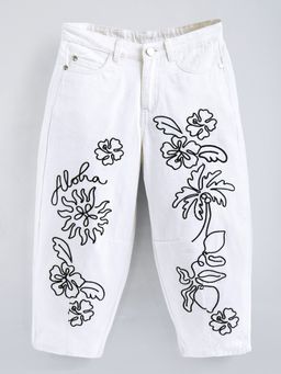 Hopscotch - White Floral Embroidery Cotton Denim Barrel Jeans