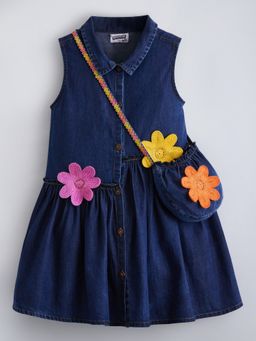 Hopscotch - Floral Denim Fit And Flare Dress With Bag