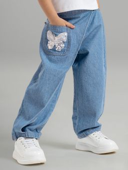Hopscotch - Sequin Butterfly Applique Cotton Wrap Denim Jean