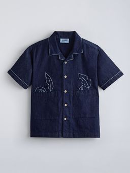 Hopscotch - Leaf Embroidered Collared Cotton Shirt