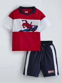 Hopscotch - Spider Man Collared Cotton T-Shirt And Short
