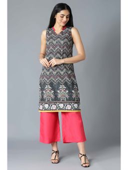 Aurelia - Black Floral Printed Kurta In V-neck with Red Straight Palazzo (Set of 2)