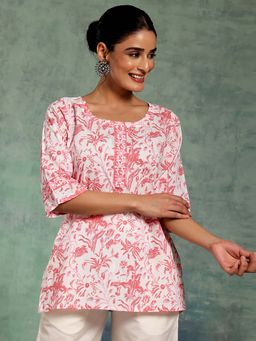 Libas - Women Floral Printed White Kurti With A Mock Short Front Placket