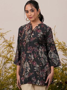 Libas - Black Floral Printed Silk Blend Straight Kurti