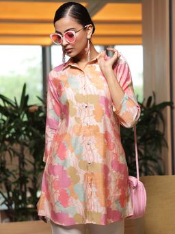 Libas - Pink Floral Printed Front Open Kurti