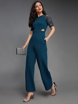 Miss Chase - Women's Teal Raglan Half Sleeve Solid Regular Length Jumpsuit