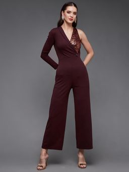 Miss Chase - Women's Wine Embellished Full Sleeves Slim Fit Jumpsuit
