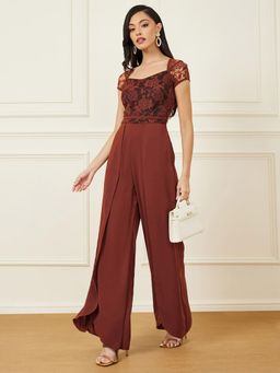 Miss Chase - Women's Brown Sweetheart Neck Regular Length Jumpsuit